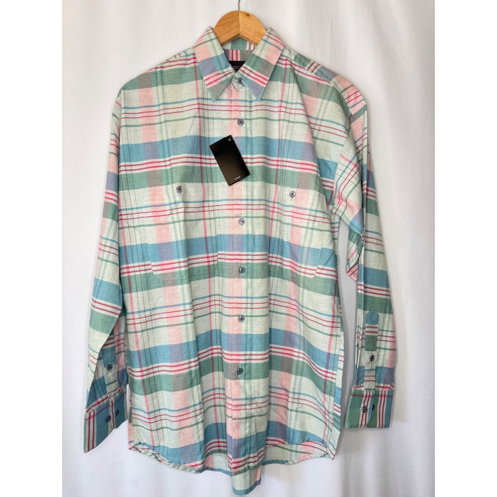 VTG JT Beckett Womens Plaid Button Down Shirt Pastel Pink Blue Cotton Small